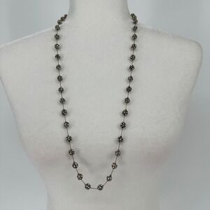 Silver Toned Crystal Disco Ball Station Long Necklace Glam Retro